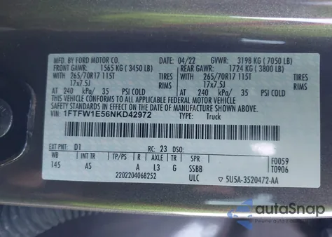 2022 Ford F-150 Xl из США, поврежденный, VIN 1FTFW1E56NKD42972